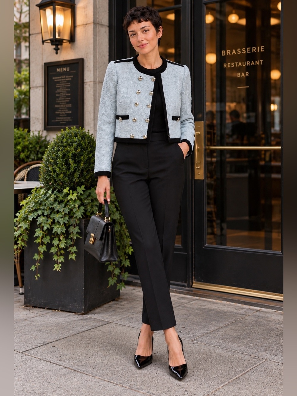 Showpo Gina Ice Blue Tweed Jacket Cropped Black Trim Silver Tone Buttons S